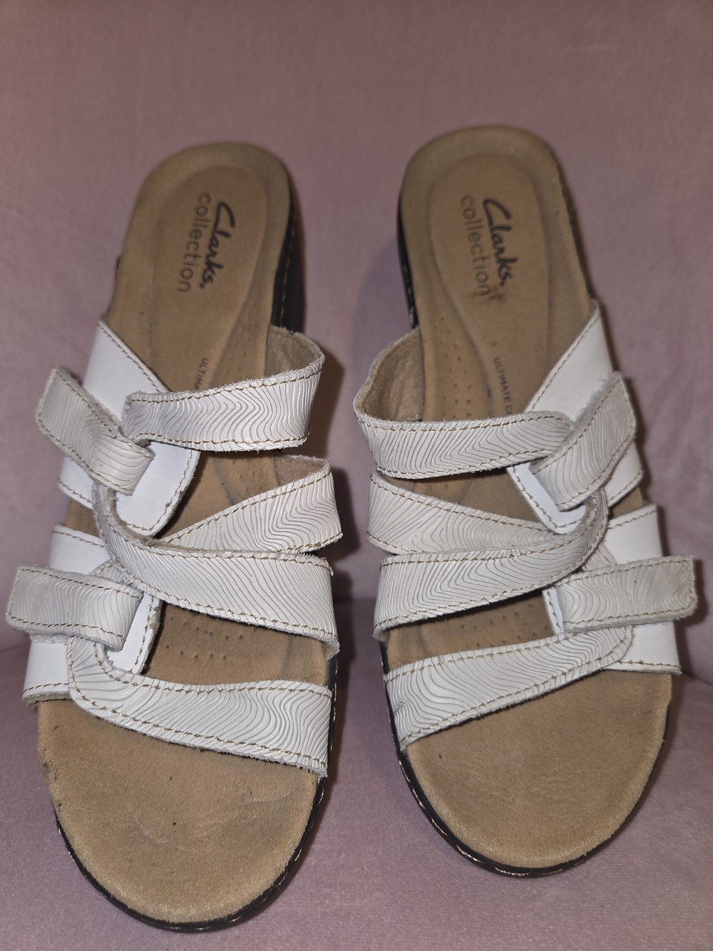 Clarks White Multi-Strap Wedge Slide Sandals
